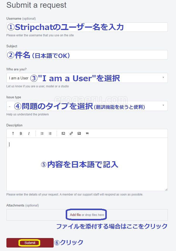 stripchatの問い合わせフォーム入力例